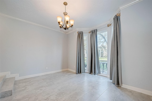 empty room featuring an inviting chandelier and crown molding