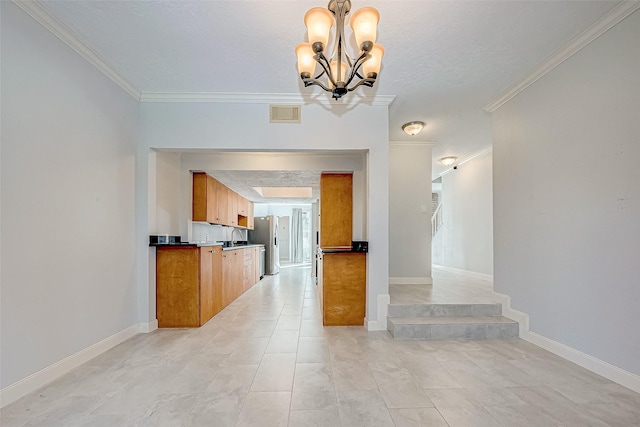 kitchen featuring stainless steel refrigerator with ice dispenser, light tile patterned flooring, an inviting chandelier, and ornamental molding