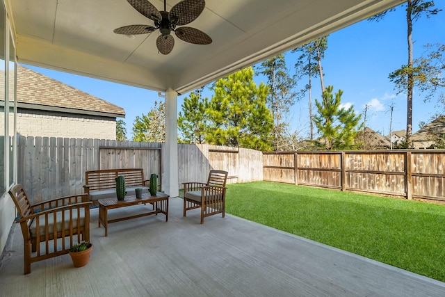 view of patio / terrace featuring ceiling fan and outdoor lounge area