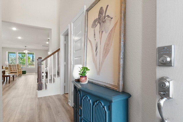 entryway with ceiling fan and light wood-type flooring