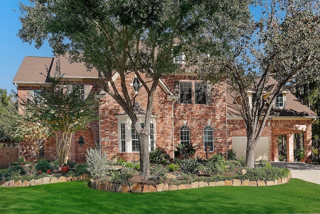 view of front facade with a garage and a front lawn