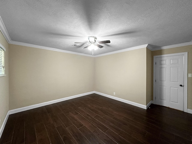 spare room with ceiling fan, dark wood-type flooring, ornamental molding, and a textured ceiling