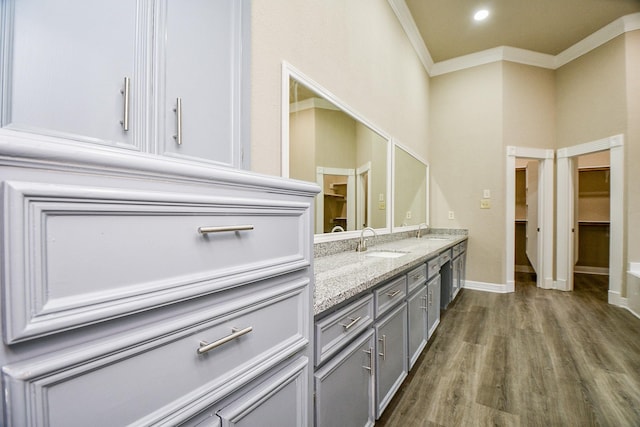 bathroom featuring hardwood / wood-style flooring, vanity, and crown molding