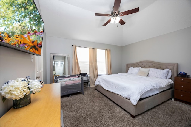 bedroom with ceiling fan, carpet, and lofted ceiling