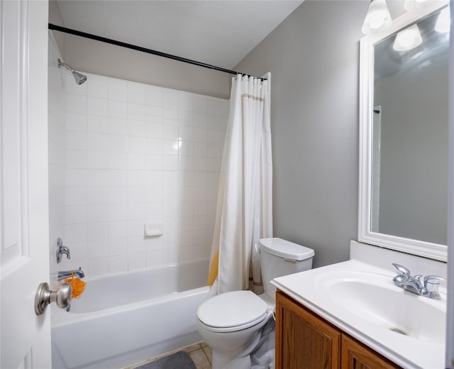 full bathroom featuring toilet, vanity, and shower / bath combination with curtain