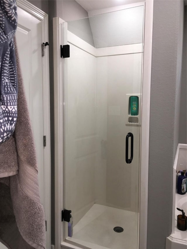 bathroom featuring a shower with door