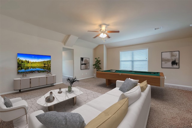 recreation room with lofted ceiling, billiards, ceiling fan, and light colored carpet