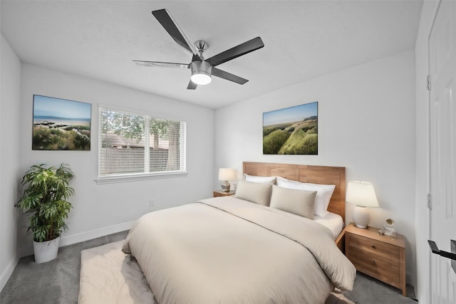 carpeted bedroom featuring ceiling fan