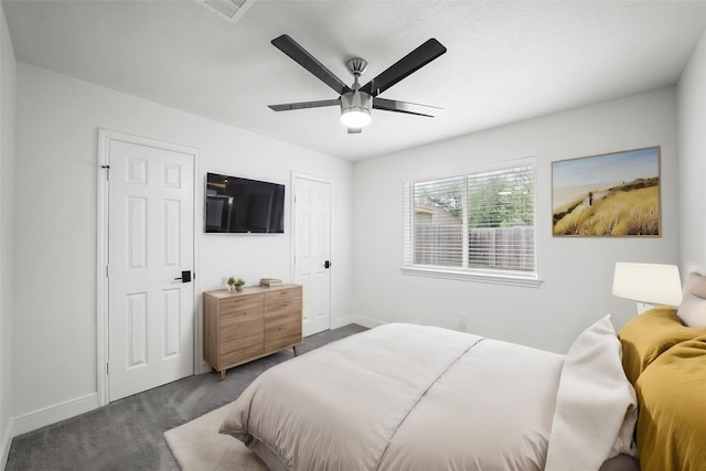 carpeted bedroom with ceiling fan