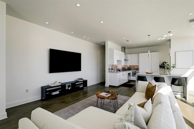 living room with sink and dark hardwood / wood-style floors