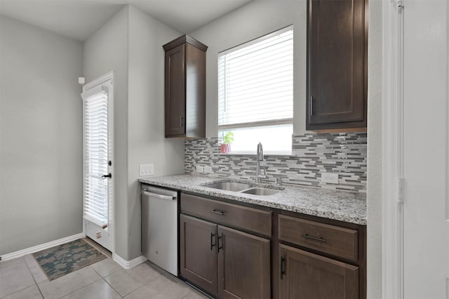 kitchen with decorative backsplash, sink, light tile patterned floors, stainless steel dishwasher, and dark brown cabinets