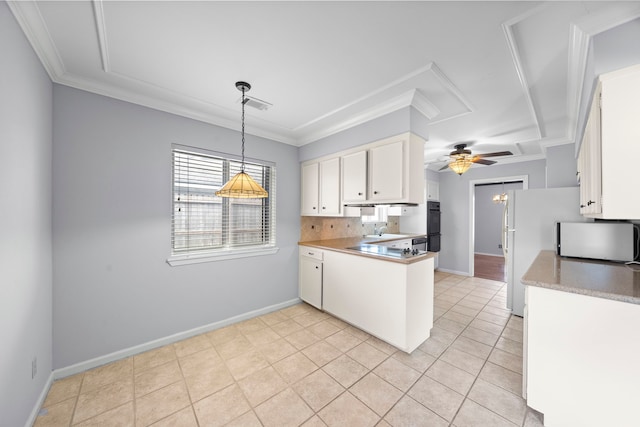 kitchen featuring light tile patterned floors, ceiling fan, white cabinetry, ornamental molding, and decorative light fixtures