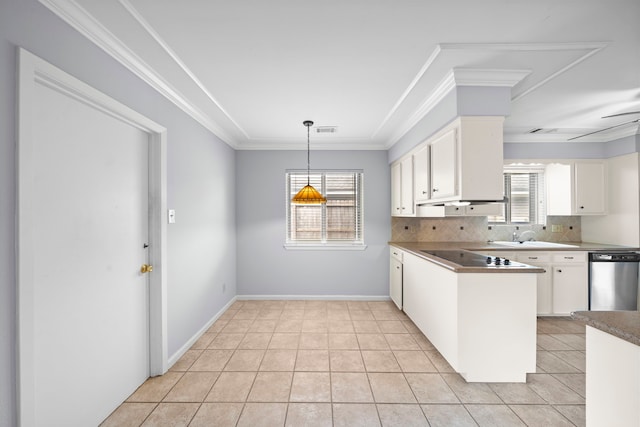 kitchen with light tile patterned flooring, decorative light fixtures, white cabinetry, dishwasher, and backsplash