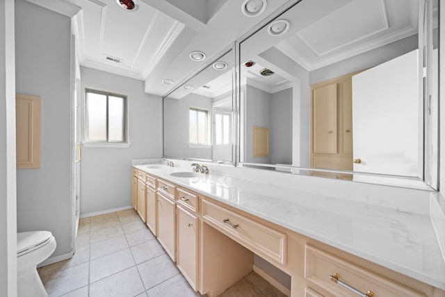 bathroom featuring ornamental molding, tile patterned floors, toilet, and vanity