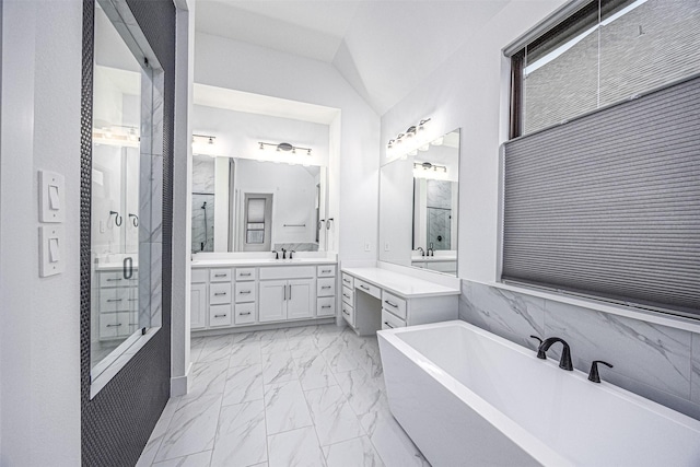 bathroom with vaulted ceiling, plus walk in shower, and vanity