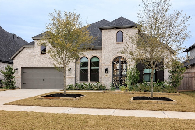 french provincial home featuring a front yard and a garage