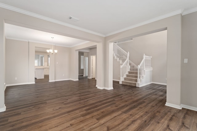 unfurnished living room featuring ornamental molding, a chandelier, and dark hardwood / wood-style flooring