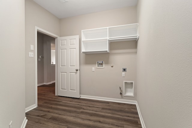 laundry area with dark hardwood / wood-style flooring, electric dryer hookup, washer hookup, and hookup for a gas dryer