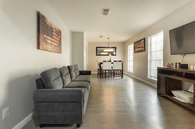 living room featuring dark wood-type flooring