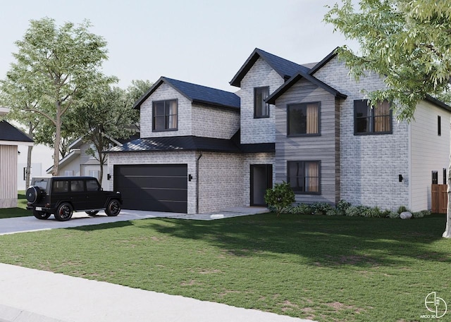 view of front facade with a garage, concrete driveway, a front lawn, and brick siding