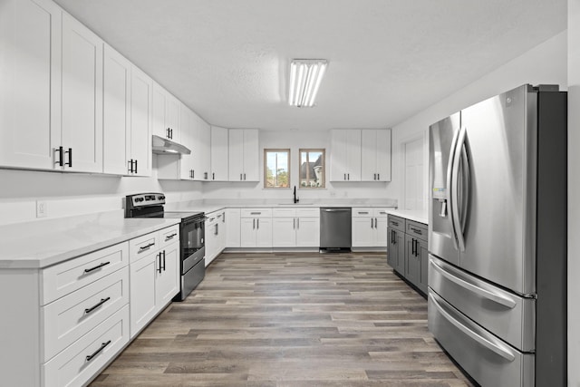 kitchen featuring appliances with stainless steel finishes, a sink, light wood-style floors, and under cabinet range hood