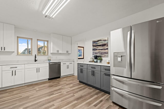 kitchen with white cabinets, light wood-style flooring, appliances with stainless steel finishes, gray cabinetry, and a sink