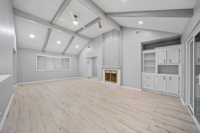 unfurnished living room with high vaulted ceiling, light hardwood / wood-style flooring, beamed ceiling, ceiling fan, and a fireplace