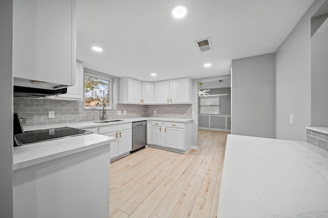 kitchen featuring white cabinetry, stove, sink, and stainless steel dishwasher