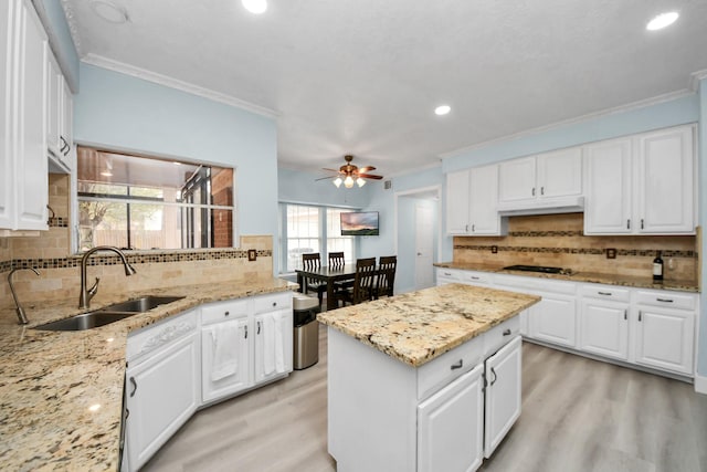 kitchen with sink, light stone counters, light wood-type flooring, decorative backsplash, and white cabinets