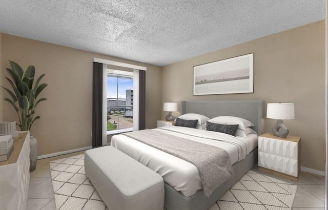 tiled bedroom with a textured ceiling