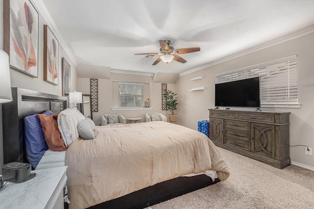 bedroom featuring ceiling fan, carpet, and ornamental molding