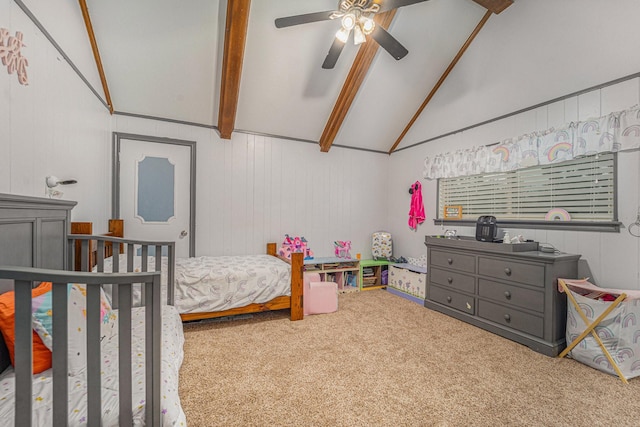 carpeted bedroom featuring ceiling fan and vaulted ceiling with beams