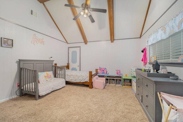 carpeted bedroom featuring ceiling fan, high vaulted ceiling, and beamed ceiling