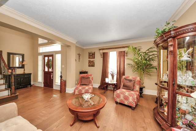 living room featuring ornamental molding and hardwood / wood-style floors