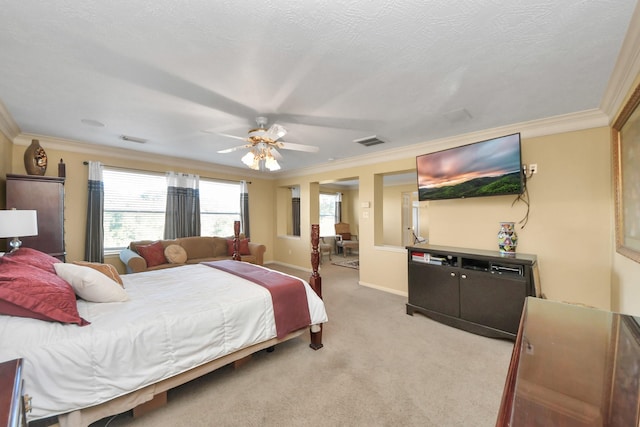 bedroom featuring light carpet, ceiling fan, and ornamental molding