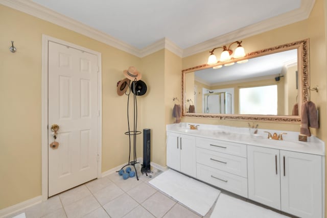 bathroom with tile patterned flooring, a shower with shower door, crown molding, and vanity