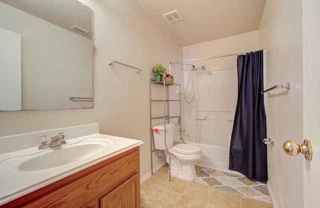 full bathroom featuring vanity, shower / bath combo with shower curtain, and toilet