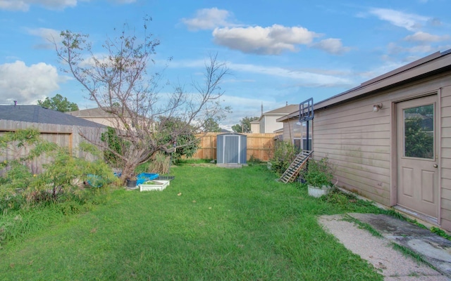 view of yard featuring a storage unit