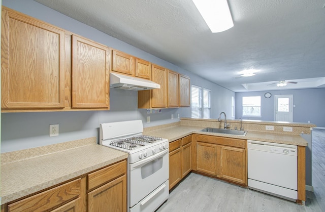 kitchen featuring white appliances, light hardwood / wood-style floors, kitchen peninsula, ceiling fan, and sink