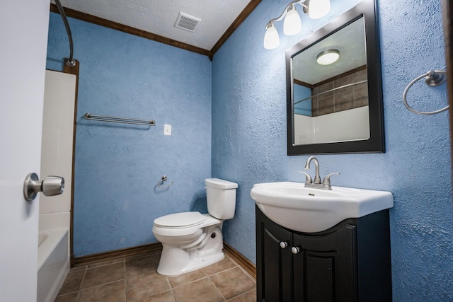 full bathroom featuring vanity, toilet, tile patterned floors, shower / washtub combination, and crown molding