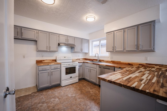 kitchen with sink, gray cabinetry, white electric stove, and wood counters