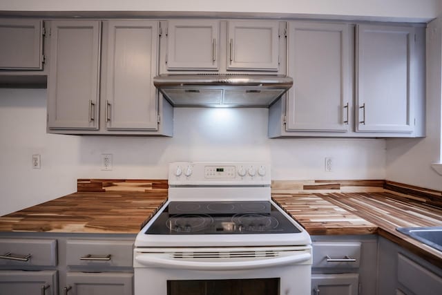 kitchen featuring white range with electric stovetop, gray cabinets, and butcher block counters