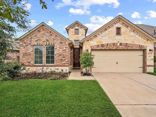 view of front of house with a front yard and a garage