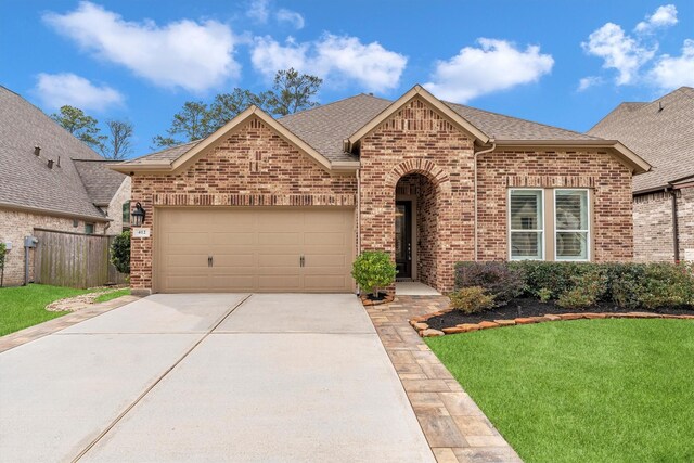 view of front of house with a front lawn and a garage