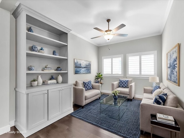 living room featuring crown molding, dark hardwood / wood-style floors, and ceiling fan