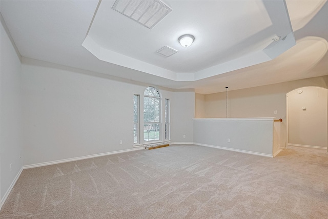 empty room with light carpet and a tray ceiling