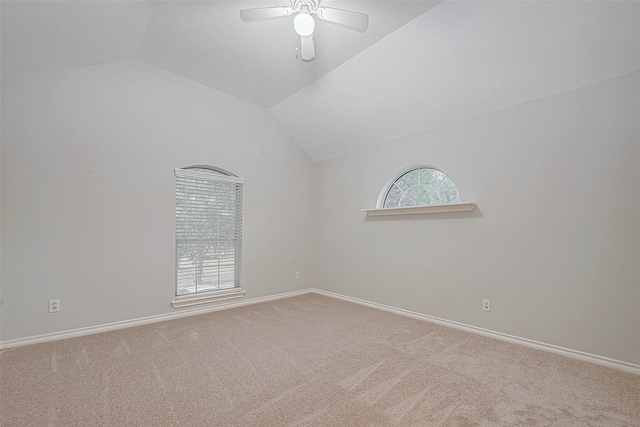 carpeted empty room with ceiling fan, plenty of natural light, and lofted ceiling