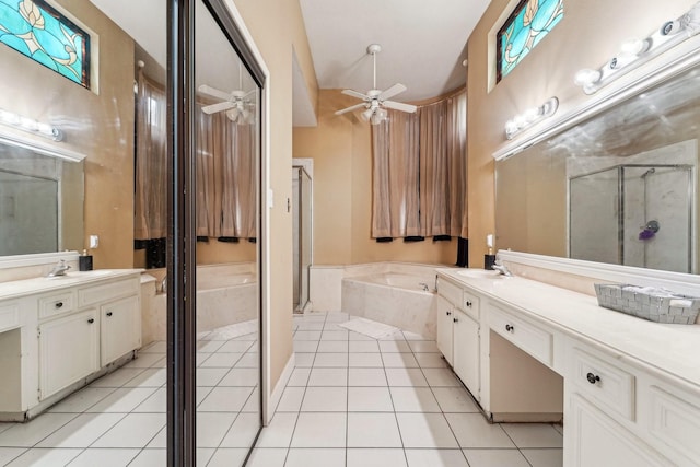 bathroom featuring vanity, tile patterned flooring, ceiling fan, and independent shower and bath