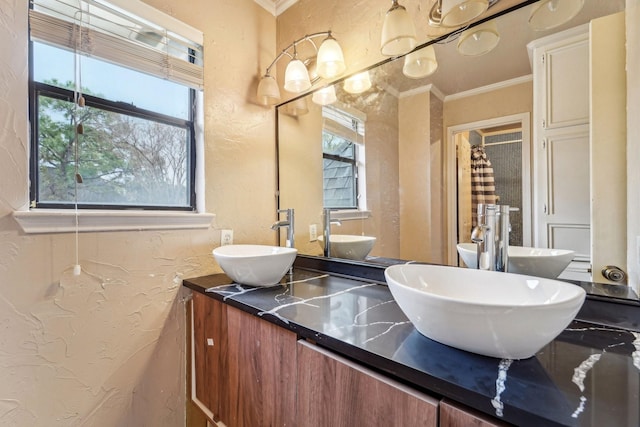 bathroom with ornamental molding, a wealth of natural light, and vanity