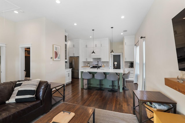 living room featuring dark hardwood / wood-style flooring and sink